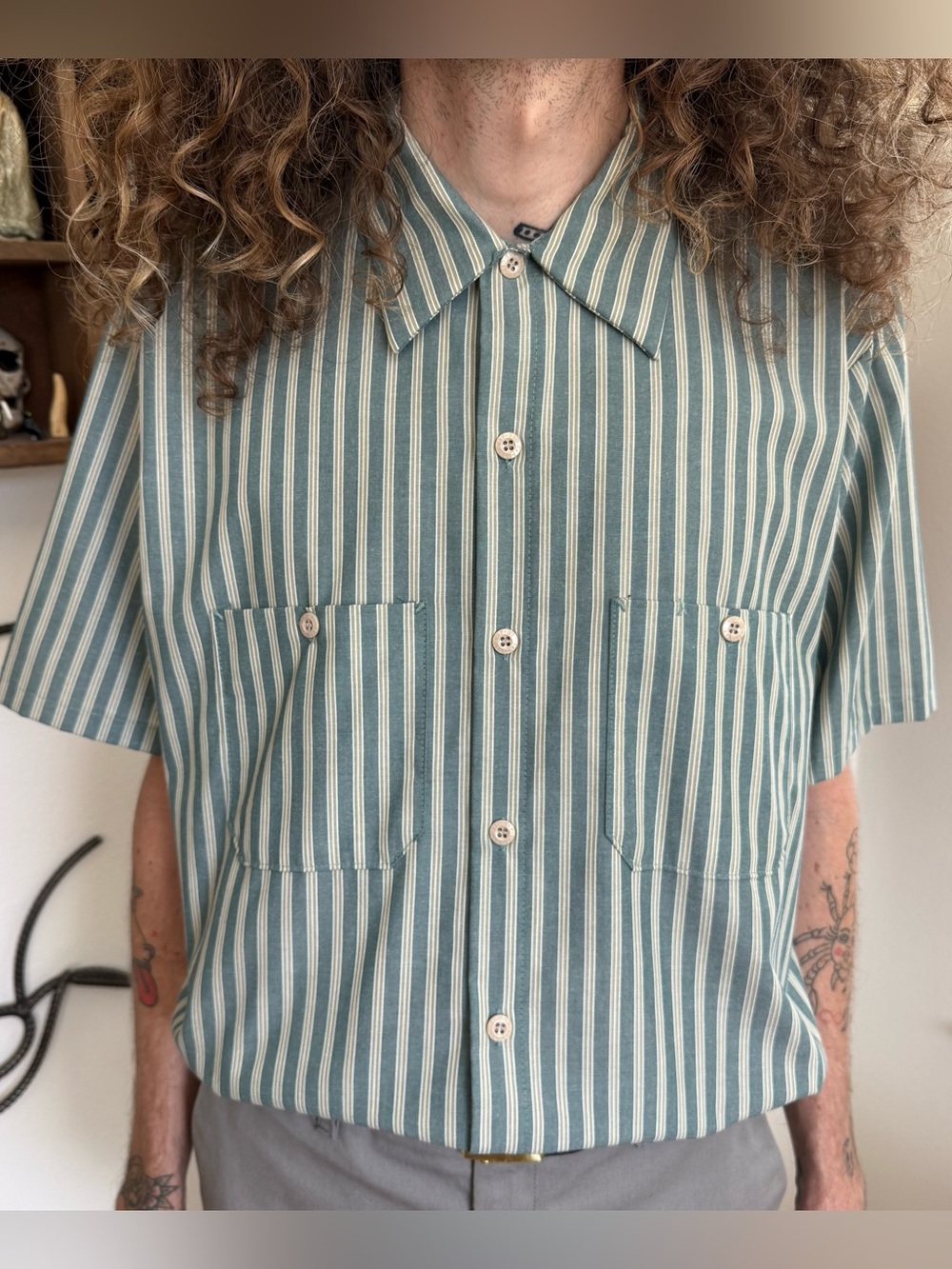 Vintage 80s Red Kap Soft Stripe Button Down Utility Skater Work Shirt ~ Size L